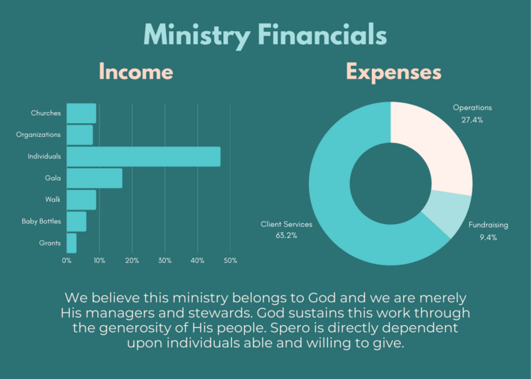 Income Chart. 47% Individuals. 17% Gala. 9% Walk. 9% Churches. 8% Organizations. 6% Baby Bottles. 3% Grants. Expenses Chart. 62.3% Clients Services. 27.4% Operations. 9.4% Fundraising.